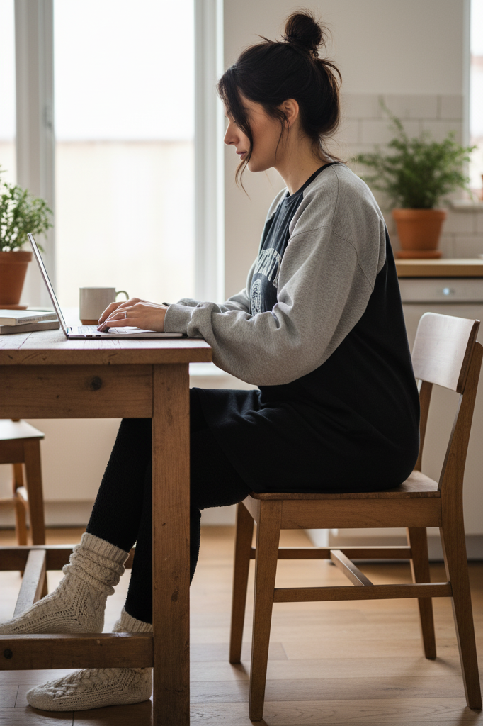 Ultimate comfort outfit with a black t-shirt dress layered under a grey sweatshirt and fleece-lined leggings for working from home.