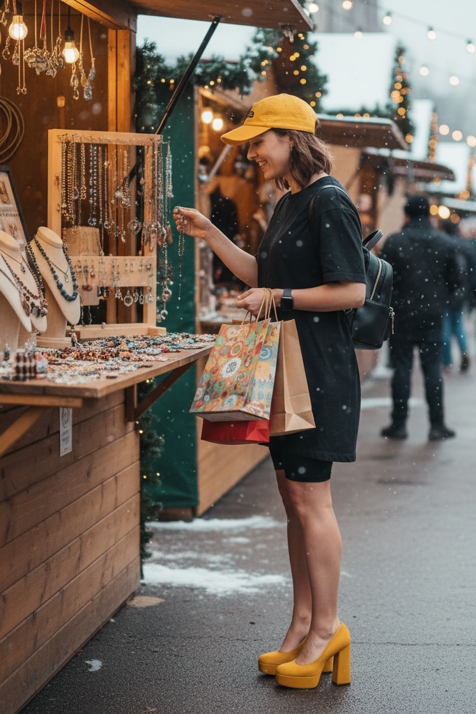 Black t-shirt dress with mustard yellow platform heels at a winter street fair.