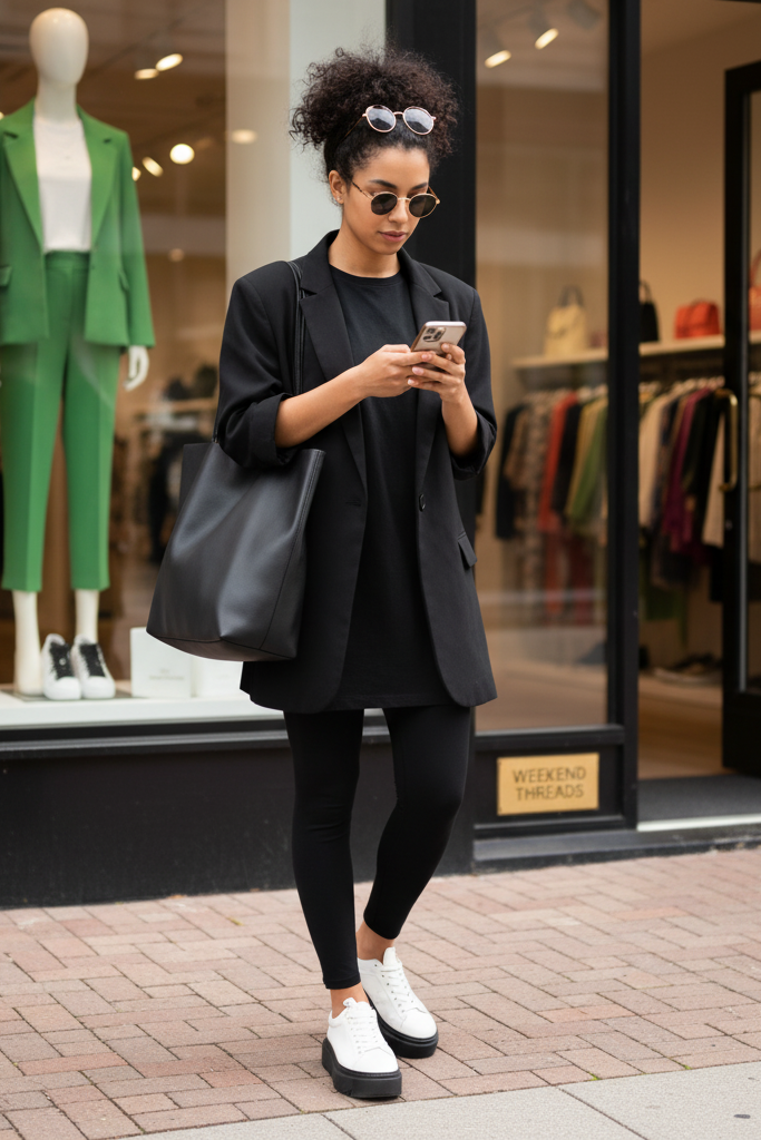 Black t-shirt dress with an oversized blazer and platform sneakers for weekend errands.