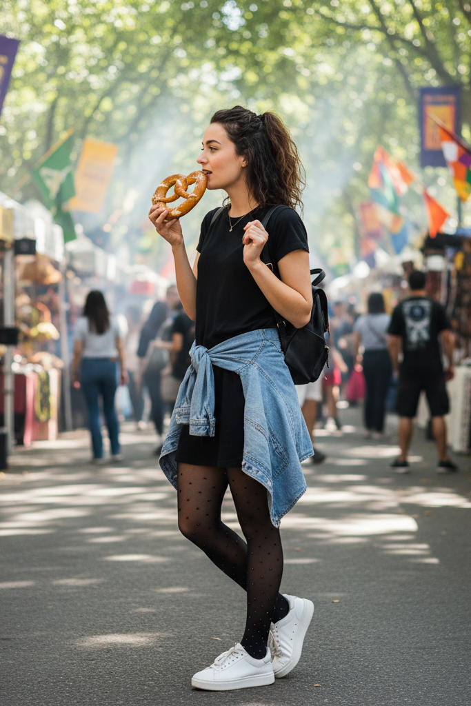 Black t-shirt dress with black and white patterned tights and sneakers at a street fair.