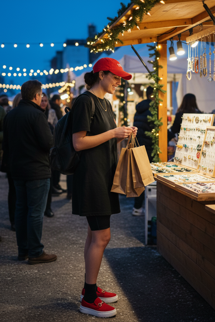 Black t-shirt dress with red platform sneakers for a casual winter street fair.