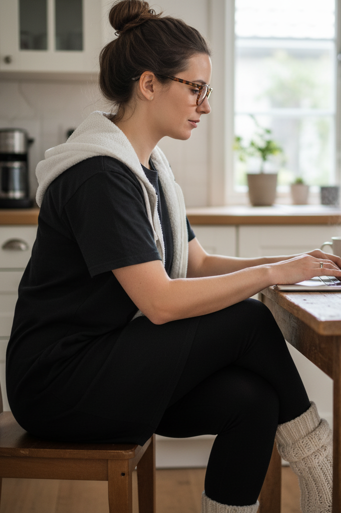 Black t-shirt dress with a white fleece-lined hoodie and leggings for working from home.