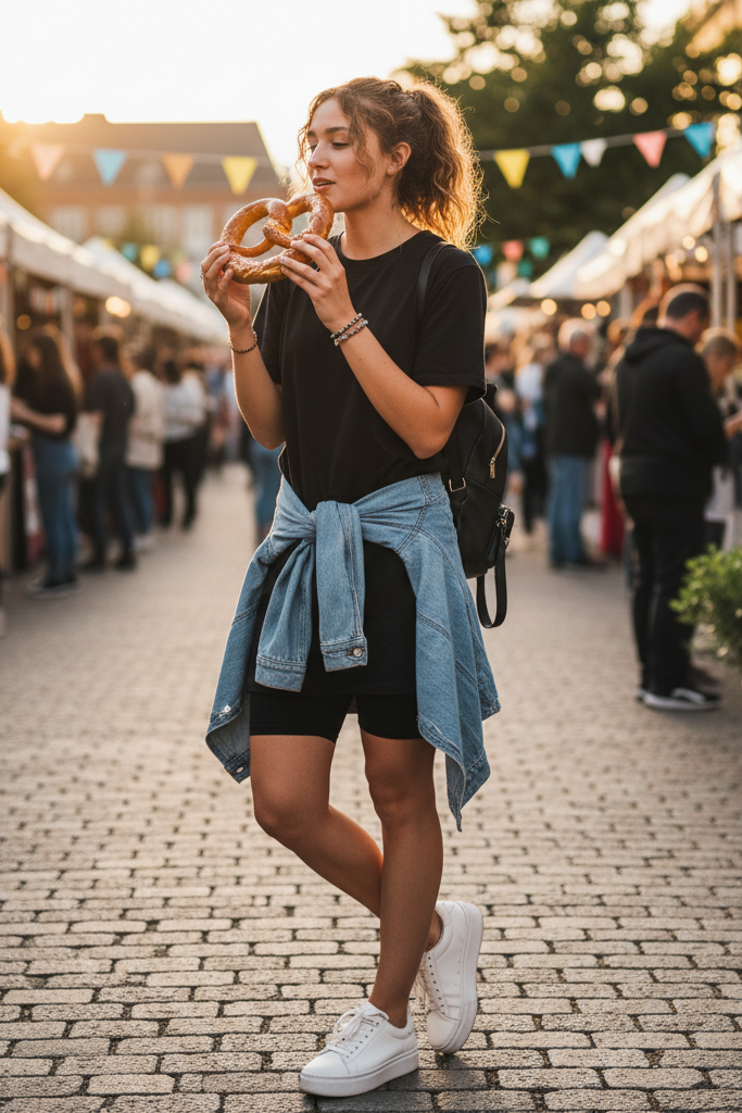 Black t-shirt dress with white platform sneakers for a casual weekend street fair.