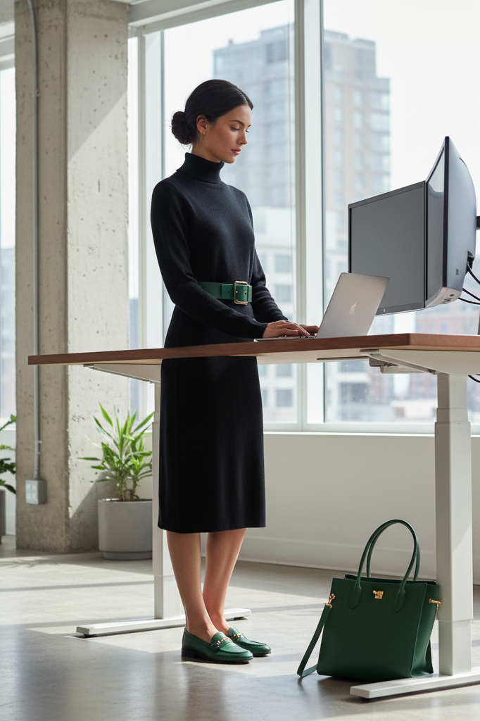 Black turtleneck dress with forest green loafers for a professional office setting.