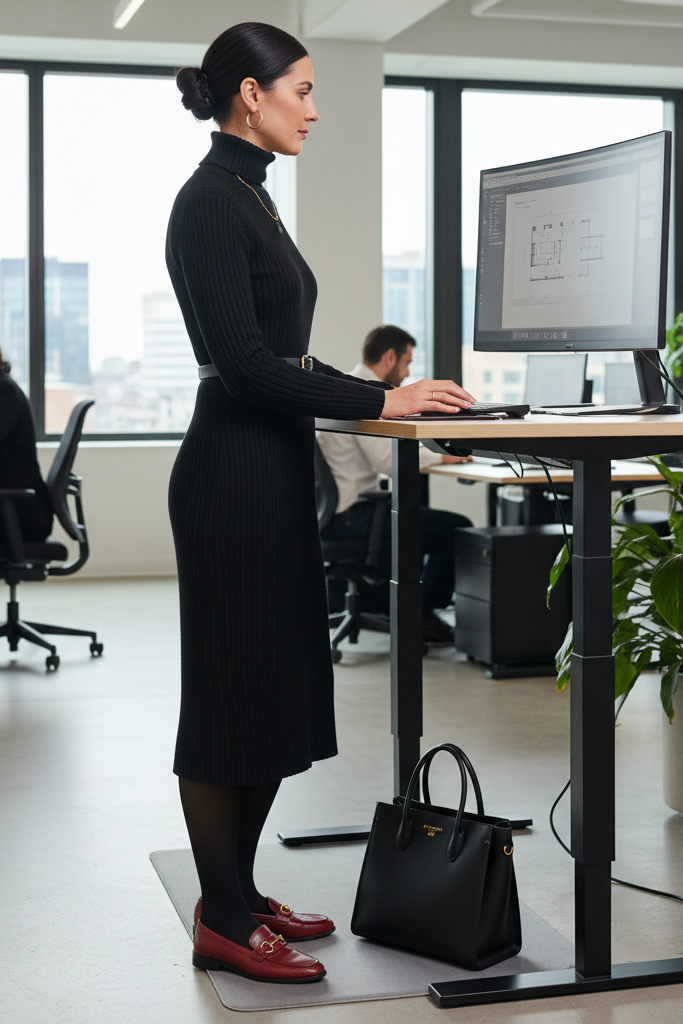 Black turtleneck sweater dress with red loafers for a comfortable workday outfit.