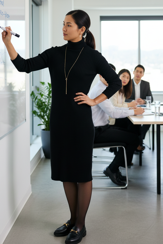 Comfortable yet professional winter outfit featuring a black turtleneck sweater dress, tights, and horsebit loafers in a meeting.