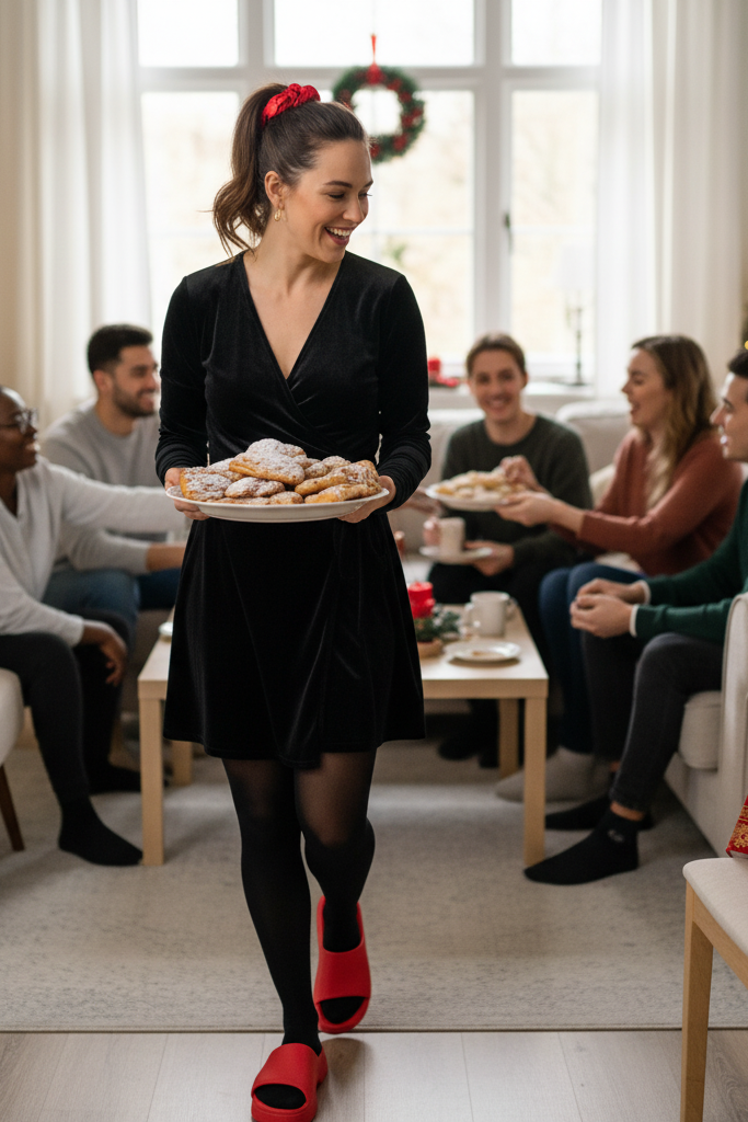 Black velour wrap dress with red platform slides for casual holiday brunch hosting.