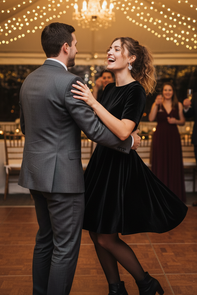 Black velvet dress with ankle boots at a winter wedding reception.