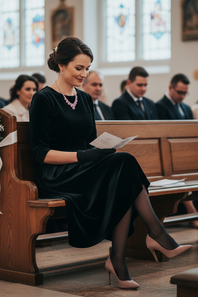 Black velvet dress with blush pink suede heels at a winter wedding ceremony.