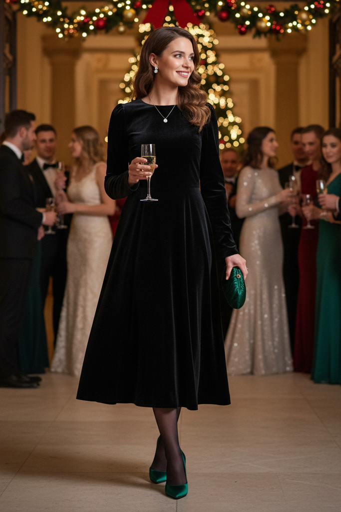 Black velvet midi dress with emerald green satin pumps at a holiday gala.