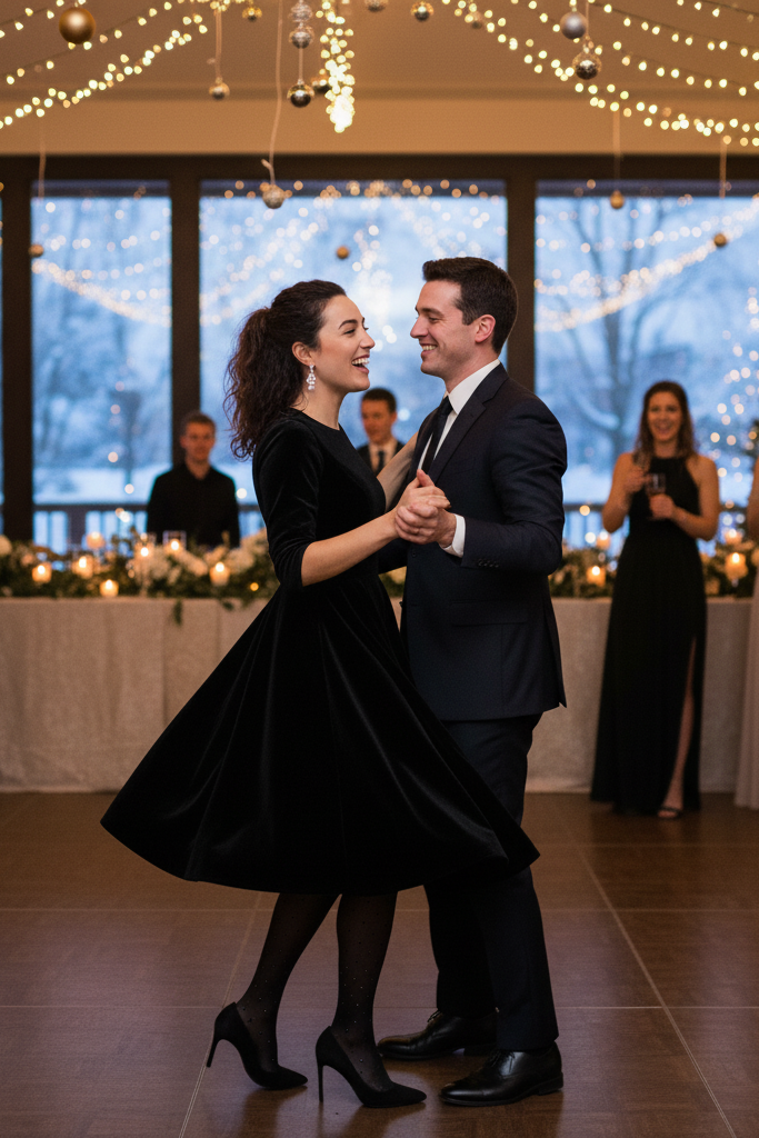 Black velvet dress with shimmer tights at a winter wedding reception.