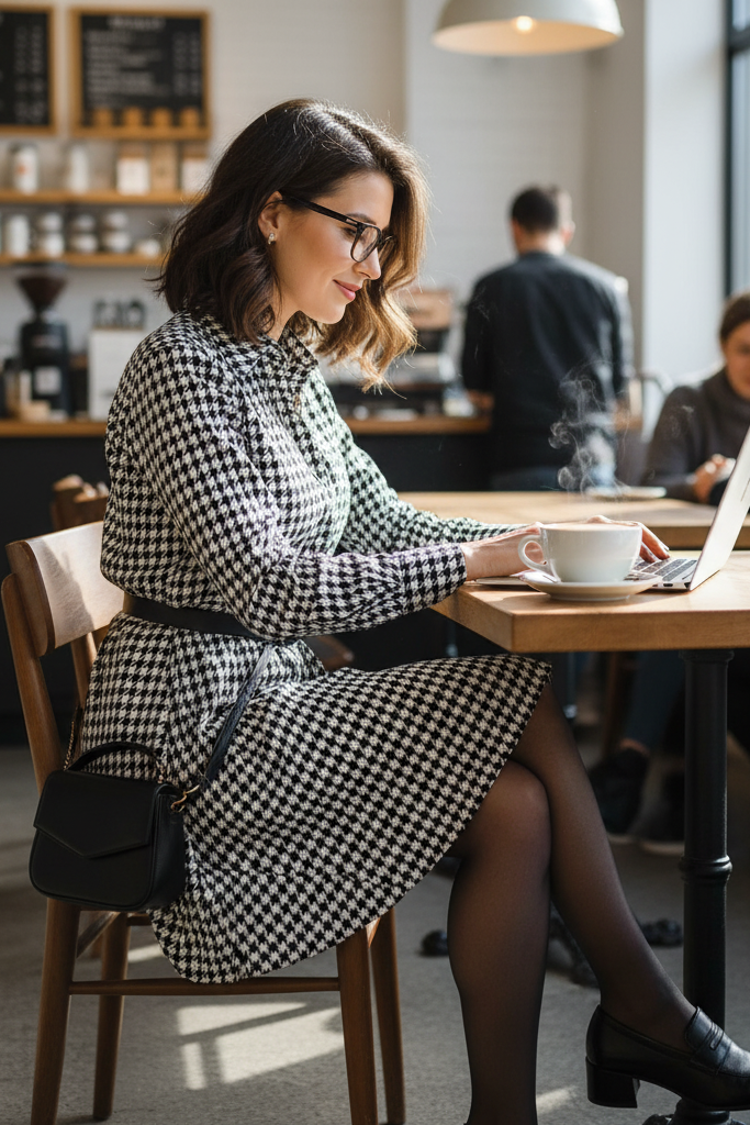 Black and white houndstooth print shirt dress with a black belt and loafers.