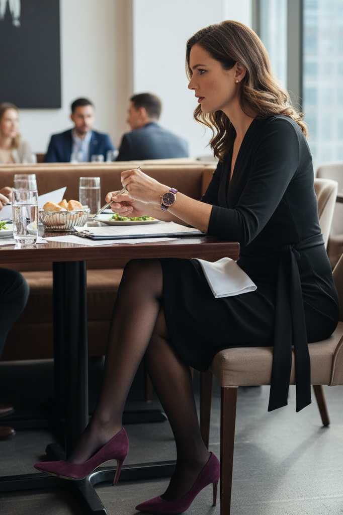 Black wrap dress with plum suede pumps for a professional business lunch.
