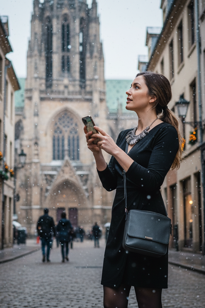 Black jersey wrap dress with walking boots for city touring in winter.