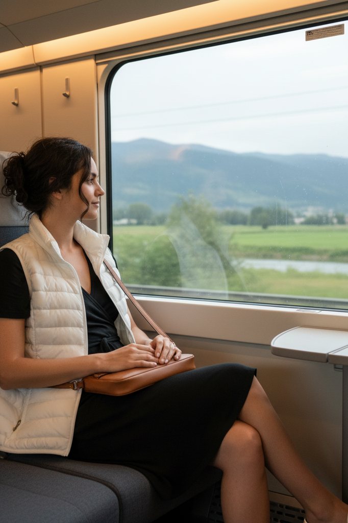 Black wrap dress with a white down vest and loafers for comfortable train travel.