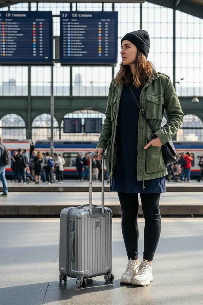 Practical travel outfit with blue and black dress as tunic over leggings at train station.