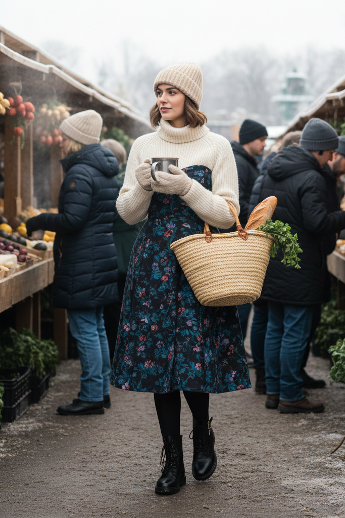 Woman wearing a blue and black floral dress with a cream turtleneck sweater and combat boots at a winter market.