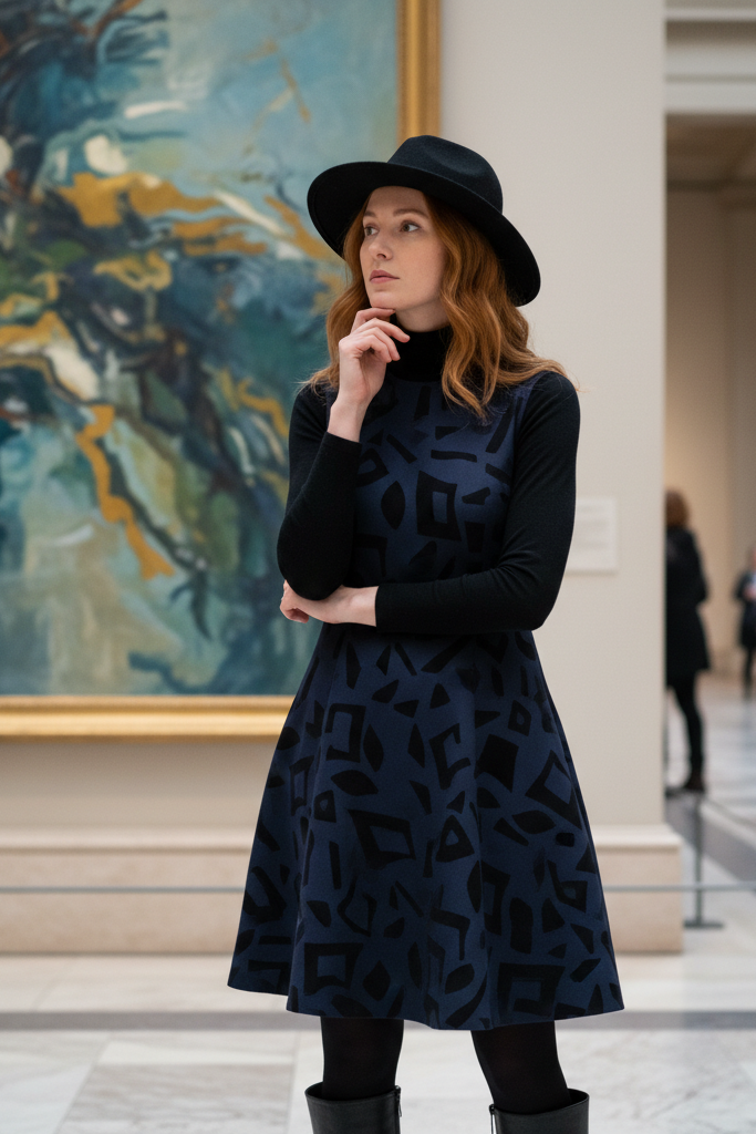 Sophisticated blue and black dress layered over a black turtleneck with knee-high boots at a museum.