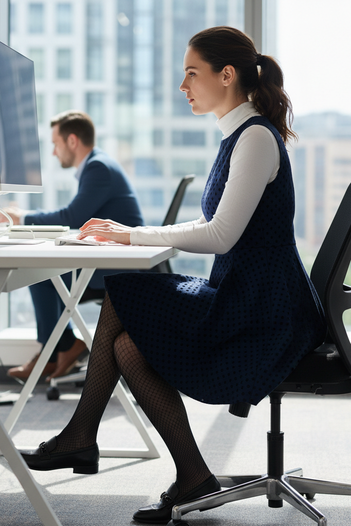 Modern office look with a blue and black polka dot dress over a white turtleneck.