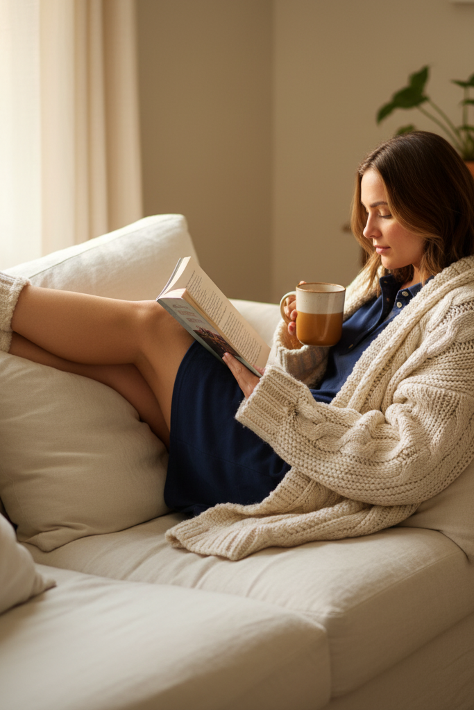 Cozy at-home outfit with a blue and black shirt dress and oversized cardigan.