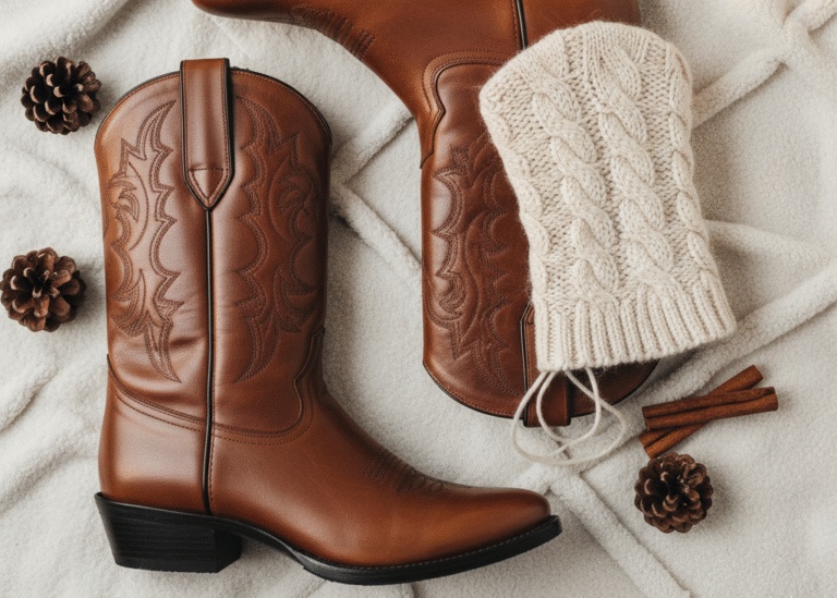 Close-up of brown leather cowboy boots with ventilation holes and a cozy knit sock