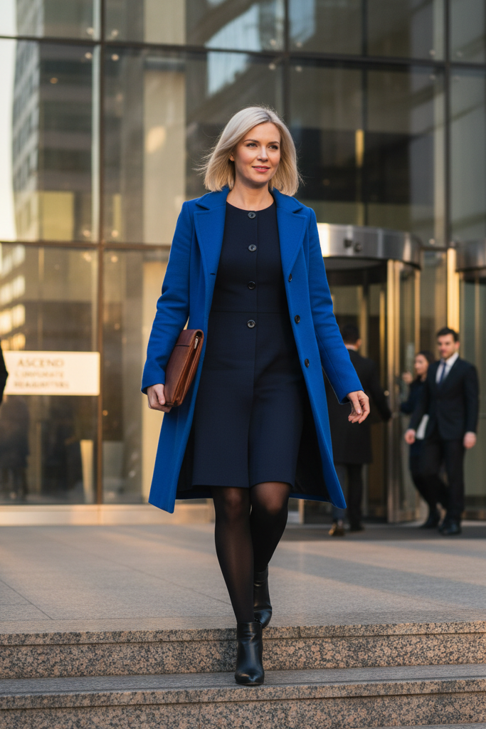Navy blue dress with a bright cobalt blue wool coat for a stylish winter work outfit.