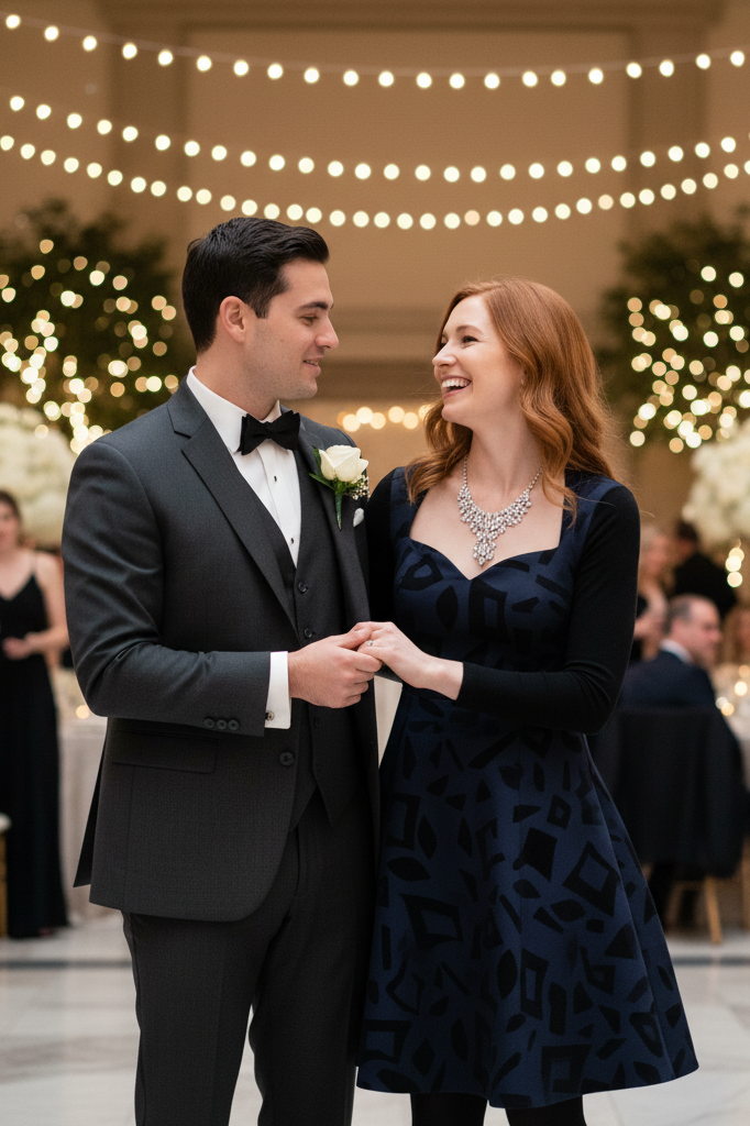 Elegant navy blue velvet dress with statement jewelry for a winter wedding.