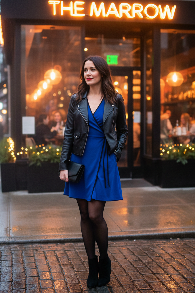 Evening outfit with a royal blue and black wrap dress, leather jacket, and heeled boots.
