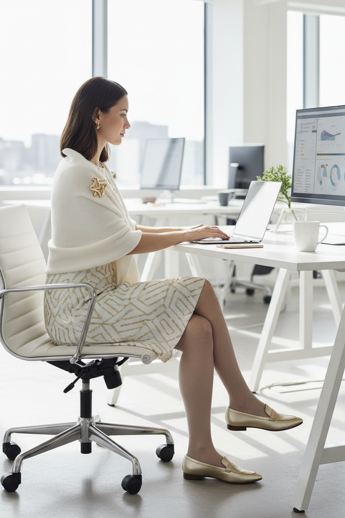 White and gold crepe dress with a white cashmere wrap and loafers for a modern office setting.