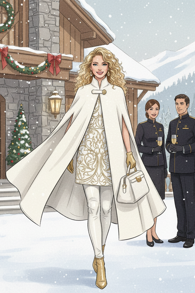 White and gold dress with a dramatic white cape coat and pants arriving at a snowy mountain resort.