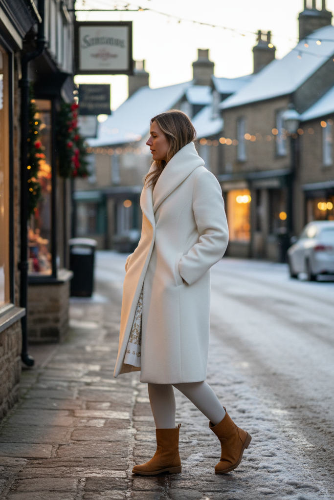 White and gold dress with a white shawl collar coat and booties exploring a small winter town.