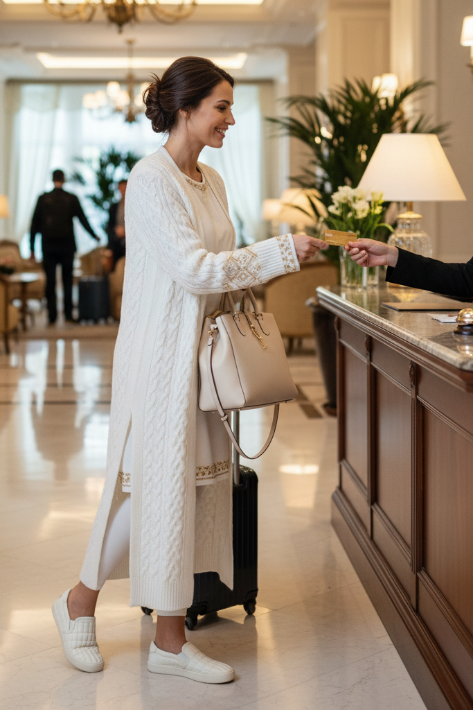 White and gold dress with a white sweater coat and comfortable slides checking into a hotel.