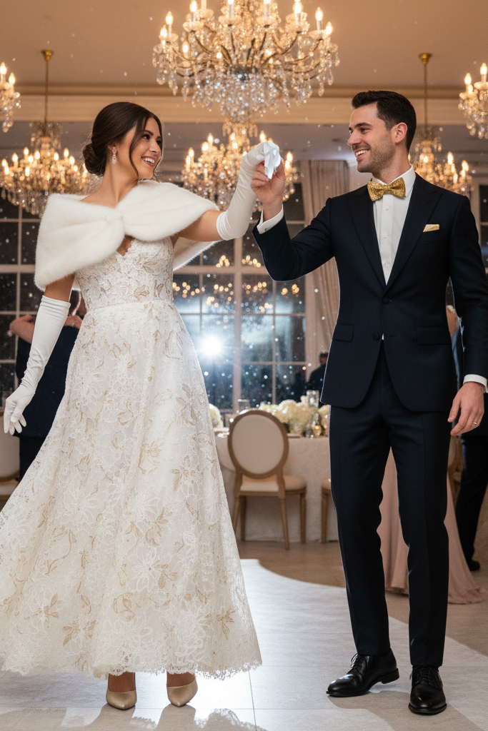 White and gold lace dress with a white faux fur stole and heels at a winter wedding reception.