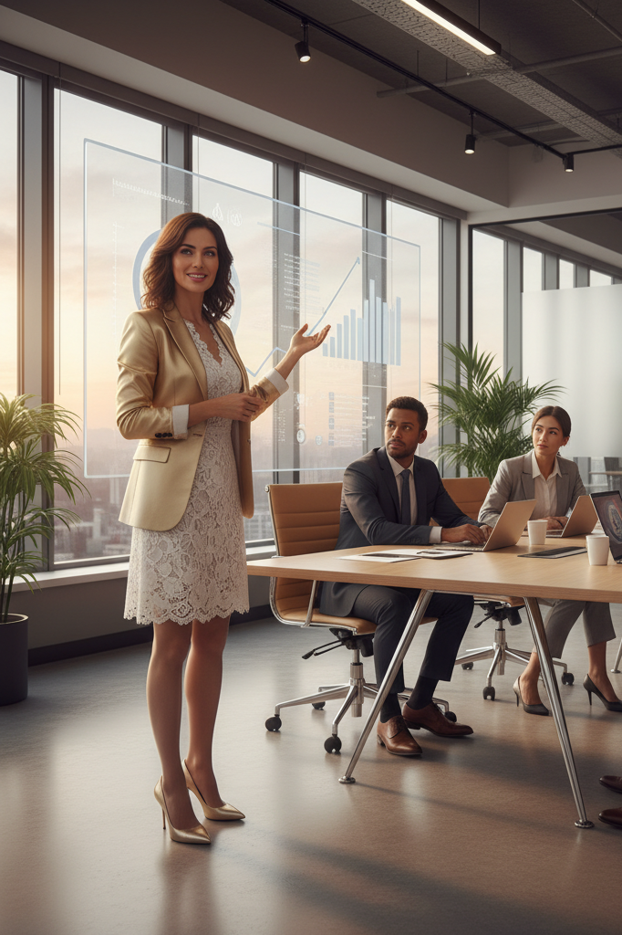 White and gold lace dress with a gold satin blazer and pumps for a professional office presentation.