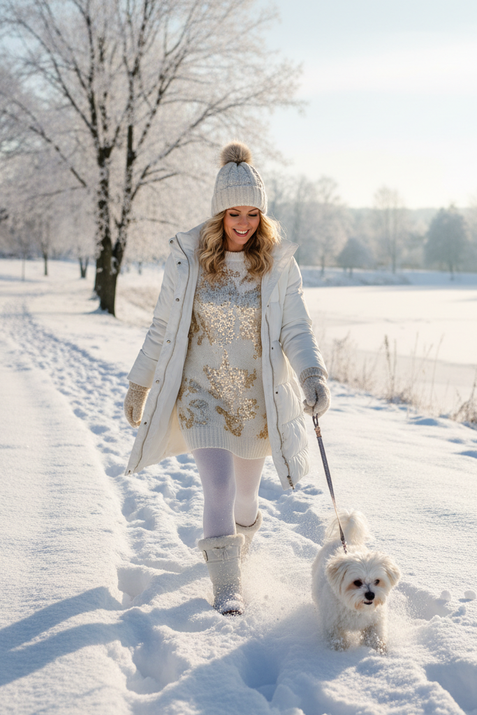 White and gold sequin dress with a white puffer coat and snow boots for a walk in a snowy park.