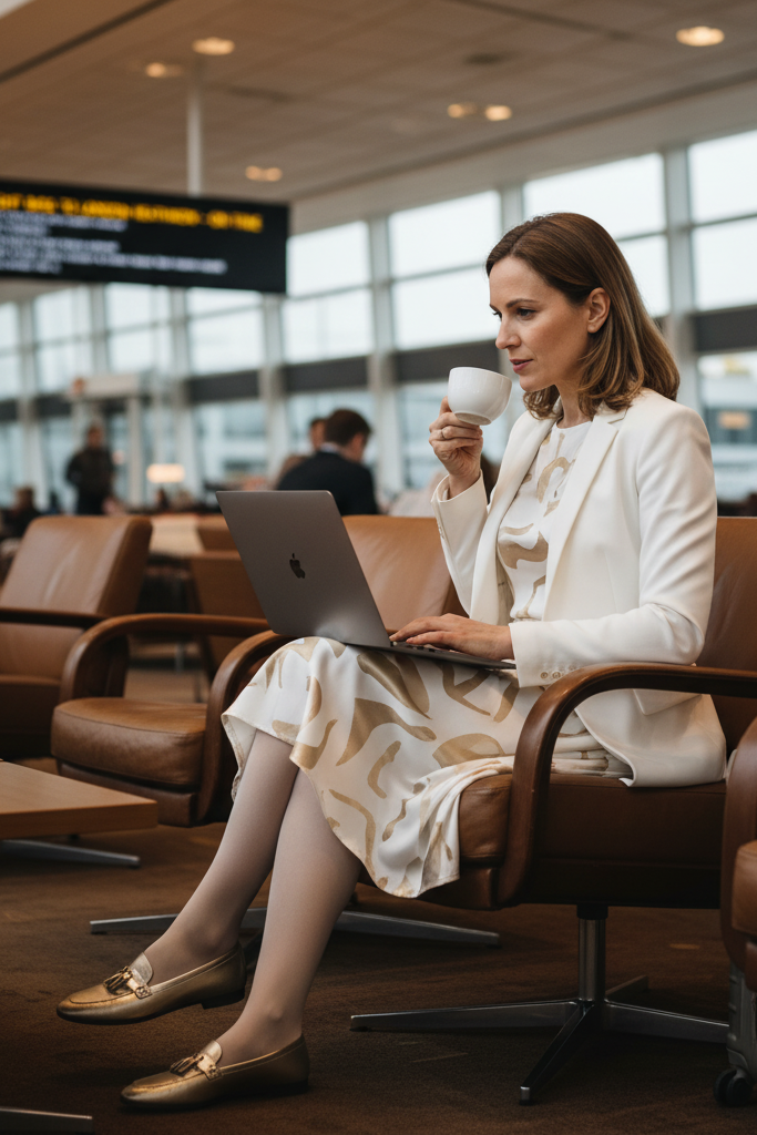 White and gold silk dress with a white fitted blazer and loafers working in an airport lounge.