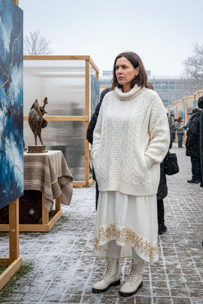 White and gold silk dress with an oversized white sweater and combat boots at an art exhibition.