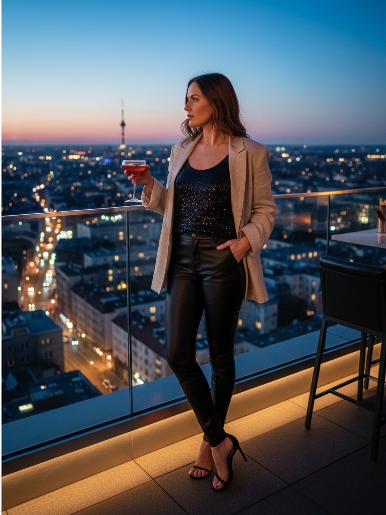 The Sequin Tank + Boyfriend Blazer + Leather Pants