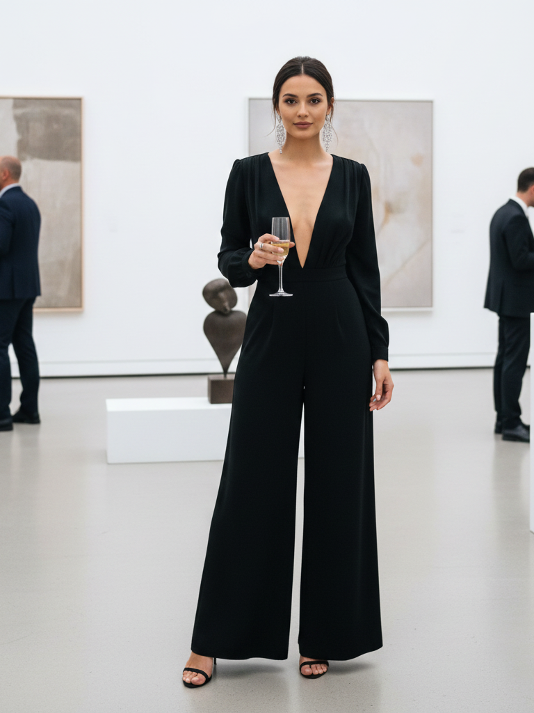 The Jumpsuit with a Deep V + Statement Earrings