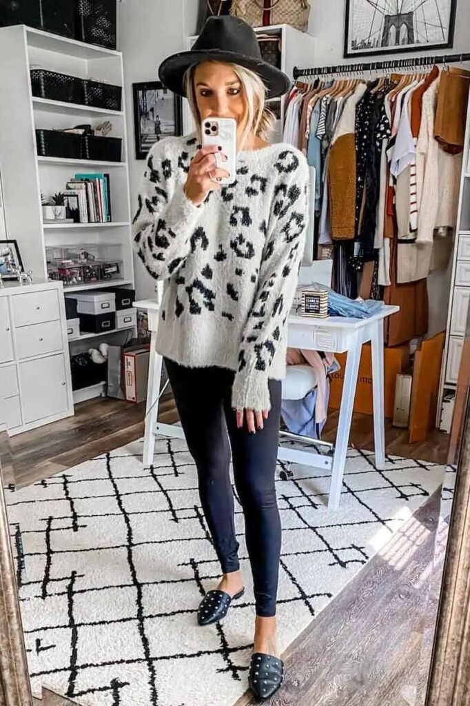 Animal Print Fuzzy Sweater + Black Leggings + Studded Black Mules