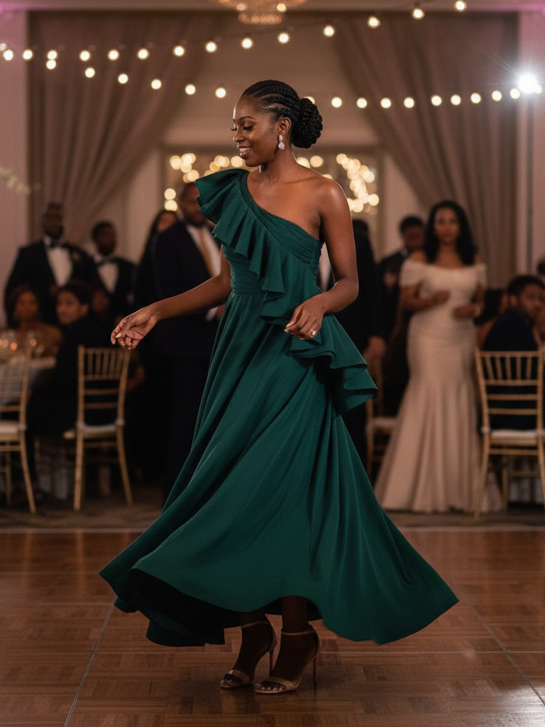 Asymmetrical Ruffle Dress + Nude Heels