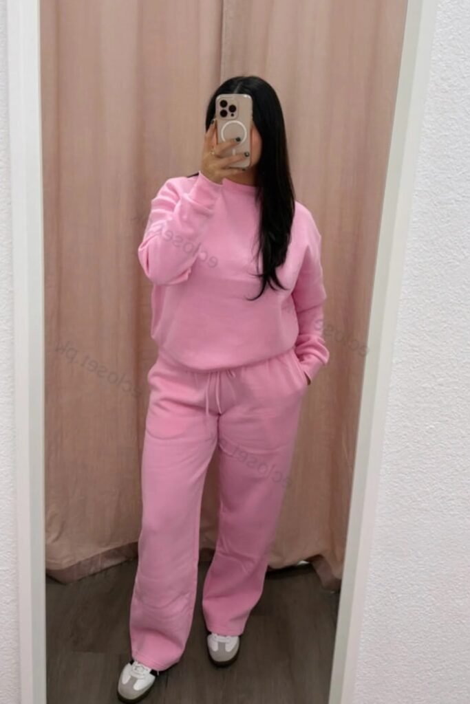 Baby Pink Crewneck Sweatshirt + Wide Leg Sweatpants + White Samba Sneakers