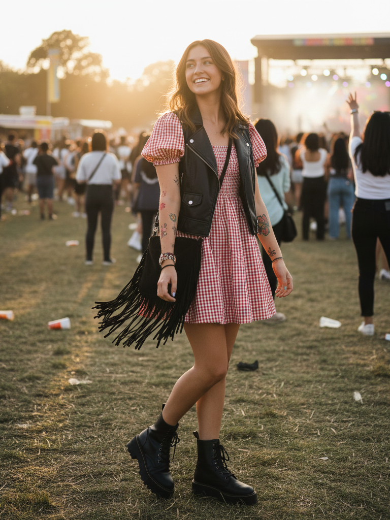 Babydoll Dress + Platform Boots + Leather Jacket
