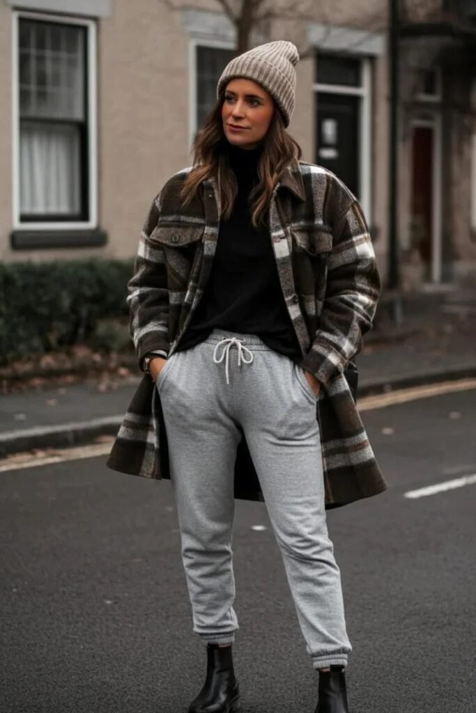 Beanie + Plaid Shacket + Black Turtleneck + Grey Joggers + Black Boots