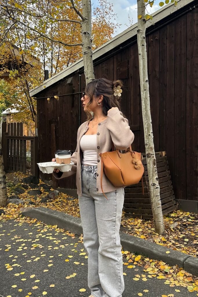 Beige Cardigan + White Tank Top + Light Wash Straight Jeans