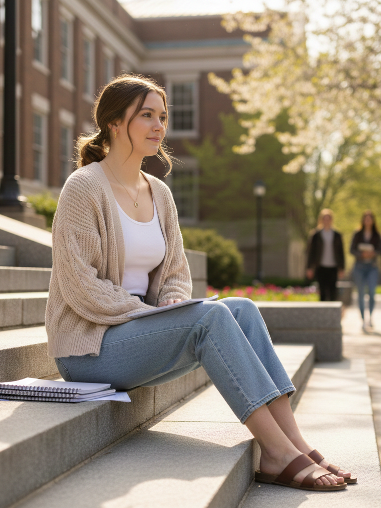 Beige Cardigan + White Tank Top + Light Wash Straight Jeans