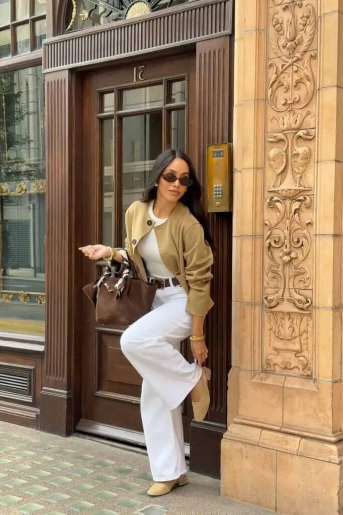 Beige Collarless Jacket + White Bodysuit + White Wide-Leg Jeans + Beige Ballet Flats