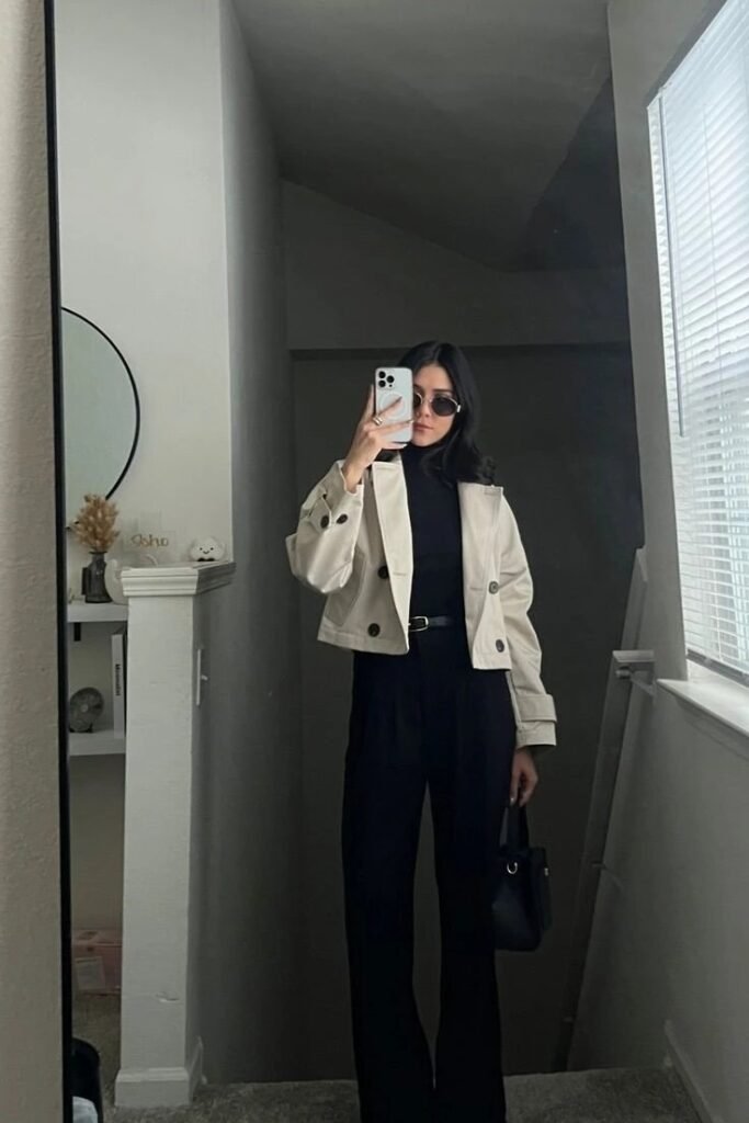 Beige Cropped Double Breasted Jacket + Black Turtleneck + Black Flared Trousers + Black Handbag