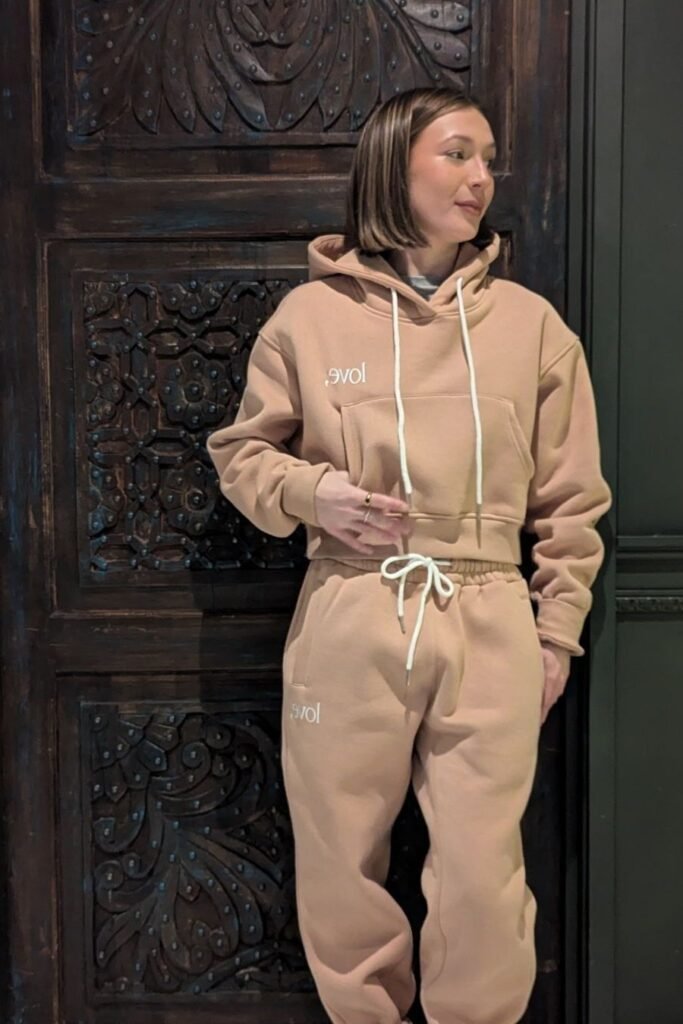 Beige Cropped Hoodie + Matching High Waisted Joggers + Gold Rings