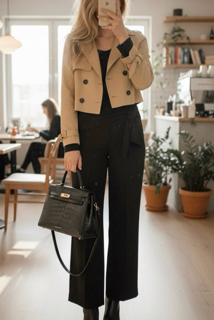Beige Cropped Trench Jacket + Black Long Sleeve Top + Black Wide-Leg Trousers
